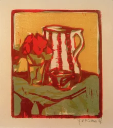 Stilleben med kande og blomster