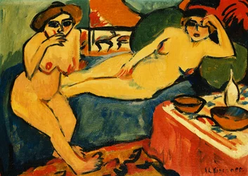 To nøgenbilleder på en blå sofa; To nøgenbilleder på blå sofa, ca. 1910-1920
