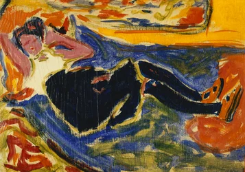 kvinde med sorte strømper; Kvinde med sorte strømper (Die Schwarze Grete), ca. 1908-09 (olie på papir lagt på lærred)