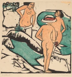 Kvinder bader mellem hvide sten