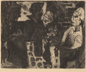 Kvinder ved et bord i et rum (recto) / Nøgen kvinde (verso)