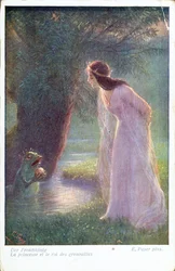 Frøprinsen giver prinsessen den gyldne kugle, han fandt i dammen. (Begyndelsen af det 20. århundrede)