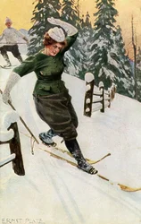 Kvinde på ski, slutningen af det 19. eller begyndelsen af det 20. århundrede.