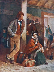 Irske emigranter på stationen i Ballinasloe på vej til Galway i Irland for at gå om bord på bådene til Amerika i det 19. århundrede, efter maleri af Erskine Nicol.