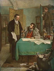 Underskrivelse af den nye lejekontrakt, 1868, c1930.