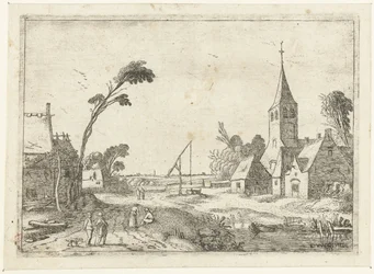 Landsbyudsigt med gårde, kirke og brønd Landskabslandskaber (serietitel)