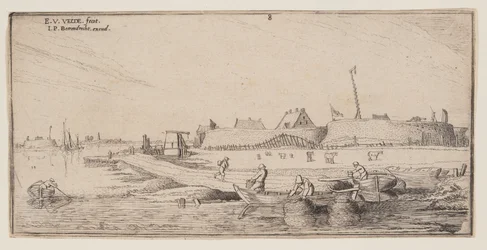 Fiskere i robåde foran en befæstet by, fra Landskaber