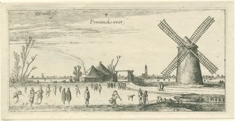Skatere på isen ved en mølle nær Penningsveer Landskaber (serietitel)