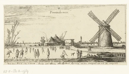 Skatere på isen ved en mølle nær Penningsveer Landskaber (serietitel)