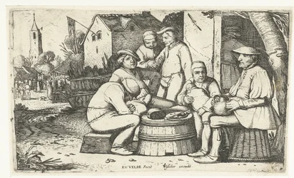 Seks bønder sidder rundt om en tønde på en kro