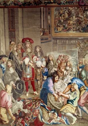 Besøg af Ludvig XIV til Manufacture des Gobelins i nærværelse af Jean Baptiste (Jean-Baptiste) Colbert (1619-1683) (i profil, til højre for kongen) og maleren Charles Lebrun (Le Brun) (1619-1690) ), 15. oktober
