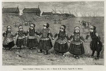 Børnedanse i Marken (Holland), gravering efter en tegning af E. Ronjat, for at illustrere historien om Neerlande, af Charles de Coster, i 1878, udgivet i tour du monde, under ledelse af Edouard Charton