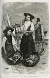 Fiskehandlersker i traditionel kvindedragt: kort nederdel og plisseret livstykke med sølvknapper, dækket af en bred sort filthat. Gravering af E. Ronjat til illustration af fortællingen “En uge i Lissabon” af Jules Leclercq, udgivet i Tour du