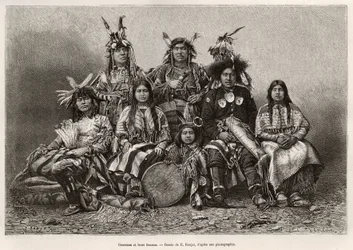 Indiske krigere og deres koner (Texas). Gravering efter tegningen af E.Ronjat, for at illustrere historien La conquete blanche, af William Hepworth Dixon, i 1875, udgivet i "" Le tour du monde""" 1876, redigeret af Edouard Charton, Hachette-udgaven, Paris.