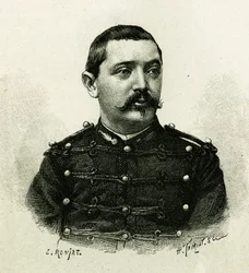 Portræt af kaptajn Pietri, af flådeartilleriet, under ekspeditionen til Afrika 1879-1882, under kommando af Gallieni. Gravering af E. Ronjat, fra et fotografi, for at illustrere historien "Exploration du Haut Niger (Haut Niger)" (nuværende Mali) af