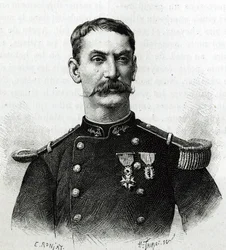 Portræt af kommandør Joseph Gallieni under ekspeditionen i Afrika (1879-1882). Gravering af E. Ronjat efter et fotografi, for at illustrere historien "Exploration du Haut Niger (Haut Niger)" (nuværende Mali) af kommandør Joseph Gallieni (1849-1916) fra th.