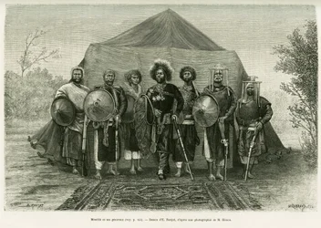 Portræt af prins Menelik II af Etiopien (1844-1913), omgivet af hans generaler. Gravering af Ronjat, efter et fotografi, for at illustrere historien Voyage au Choa (Abyssinie meridionale)