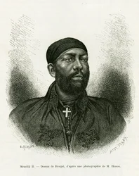 Portræt af prins Menelik II af Etiopien (1844-1913). Gravering af Ronjat, efter et fotografi, for at illustrere historien Voyage au Choa (Abyssinie meridionale)