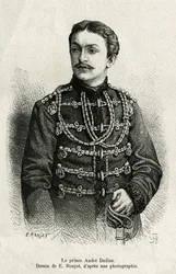 Prins Andre Dadian af Mingrelie (1850-1910), general for den russiske hær og skakmester. Indgravering af E. Ronjat, for at illustrere historien Un tour en Mingrelie (region i Georgien, der strækker sig mellem Kaukasus og Rion), af Carla Serena, i 1876-187
