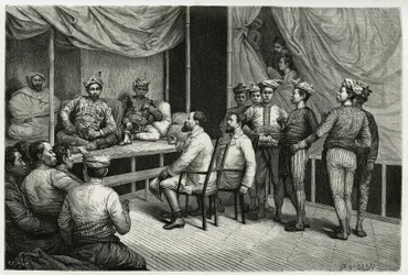 Modtagelse af rejsende i paladset til sultanen af Soulou (eller Sulu) (Filippinernes øgruppe), Mohammed Yamalul Alam. Gravering af E.Ronjat, for at illustrere historien "" Rejsen til Filippinerne""