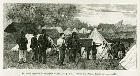 Gennemgang af optisk telegrafi apparater. Gravering af E.Ronjat, for at illustrere historien Trente mois au Tonkin, i 1884, af læge Paul Hocquard, i le tour du monde 1890, under ledelse af Edouard Charton (1807-1890), Hachette, Paris.