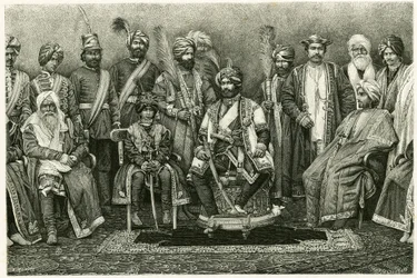 Kashmir maharajah, Rambhir Sing og hans hof. Gravering af E. Ronjat, for at illustrere historien "Portræt af en parisisk kvinde i det vestlige Himalaya", i 1881, af Marie de Ujfalvy-Bourdon (Ujfalvy Bourdon). Udgivet i Tour du monde, 2. semester