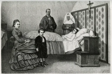 Lægekonsultationen på Logelbach hospice. Gravering af E.Ronjat, for at illustrere historien "Gennem Alsace og Lorraine", i 1884, af Charles Grad (1842-1890), tysk deputeret, forfatter og naturforsker. Udgivet i Le Tour du monde, nouveau journal d