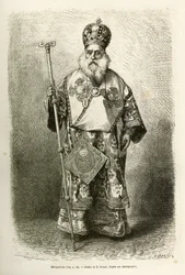 Metropolitan eveque af den nye katedral i Athen. Gravering efter tegningen af E. Ronjat, til illustration af rejsen til Grækenland, af Henri Belle, i 1861-1868-1874, udgivet i "" Le tour du monde""" 1876, redigeret af Edouard Charton, Hachette-udgaven,