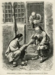 Vandrende pedicure, en almindelig scene i hverdagen i kinesiske byer. Gravering efter tegningen af E. Ronjat, til illustration af rejsen til Pekin og Nordkina, af T.Choutze, i 1873, udgivet i "" Le tour du monde""" 1876, redigeret af Edouard Charton