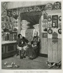 Un interieur à Marken (Pays Bas), gravering efter en tegning af E. Ronjat, for at illustrere historien om Neerlande, af Charles de Coster, i 1878, udgivet i tour du monde, under ledelse af Edouard Charton