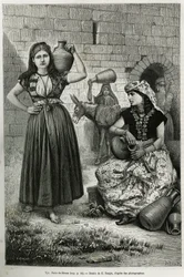 Kvinder, der bærer kander, nær Hirams brønd i Tyrus. Indgravering af E.Ronjat, for at illustrere historien La Syria d