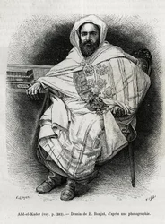 portræt af Abd El Kader (1808-1883) algerisk emir og sultan, sufiteolog, politiker og militær modstand mod den franske kolonihær, også forfatter, digter og filosof. Gravering af E.Ronjat, for at illustrere historien La Syria d