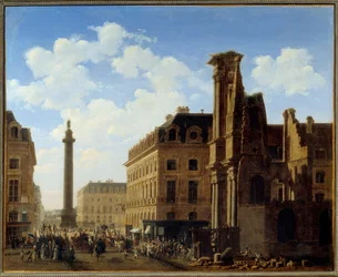 Place Vendome og gaden castiglione med ruinerne af kirken Leafy. Maleri af Etienne Bouhot (1780-1862) 1808 søn. 0,81x0,99 m Paris, Musee Carnavalet