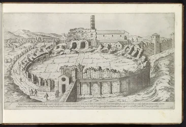 Amfiteater Castrense te Rom Bouwwerken uit de oudheid (serietitel) Resterne af det antikke Rom indsamlet og fotograferet i perspektiv af Stefano Du Perac Parisino (serietitel om objekt)