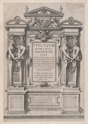 Mirror of Roman Magnificence: Titelside indgraveret i arkitektonisk og skulptur..., 1573-77.