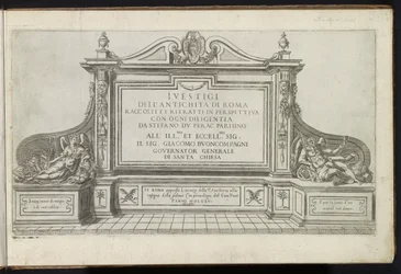 Titeltryk med et monument med titel, flankeret af Faam og Fader Tid Gamle bygninger (serietitel) I vestigi dell