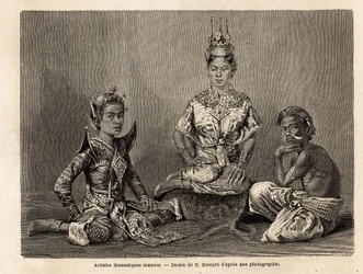 Siamesiske dramatiske kunstnere, tegnet af E.Bocour, for at illustrere Henri Mouhots rejse ind i kongerigerne Siam, Cambodja og Laos fra 1858 til 1861. Indgravering i "" Le tour du monde"", redigeret af Edouard Charton