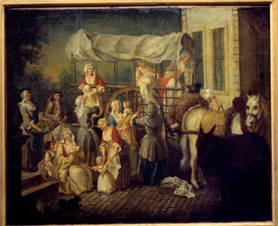 Sygeplejerskernes ankomst Maleri af Etienne Jeaurat (1699-1789) Laon fra det 18. århundrede, kommunalt museum