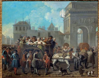 Glædepigernes adfærd i Salpetriere, passagen ved Saint Bernards porte. Det nuværende Salpetriere Hospital var oprindeligt et fængsel og et hospice for kvinder. Maleri af Etienne Jeaurat (1699-1789) 1757 Dim. 0,65 x 0,82 m Paris, Musee Car
