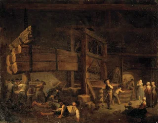 Vinfremstilling: "" Pressing i Vermenton, Jeaurat-pressen i Bourgogne"" Maleri af Etienne Jeaurat (1699-1789) 1700-tallet. Beaune