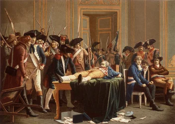 Morgenen den 10. Thermidor År II; Maximilien de Robespierre, med en brækket kæbe, spredt på et bord (chromolitho)