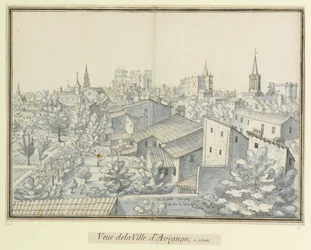 De la Ville Davignon  A. tour du College  1608 en Aoust : Veüe de la Ville d