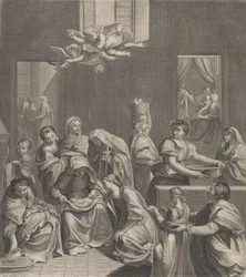 Jomfruens fødsel, kvinde siddende med et spædbarn i skødet, talrige kvinder omkring..., 1677.