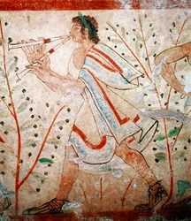 En fløjtespiller. Detalje af en fresco, 5. århundrede f.Kr