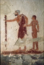 En gammel mand ledsaget af en ung mand (Fresco, detalje, 530 f.Kr.)