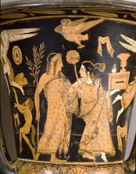 Etruskisk oldtid: klokkekrater med fremstilling af Trojas ødelæggelse: detalje med Dionysos og Ariadne. Fra Falerii Veteres (Civita Castellana). 350-300 f.Kr. Rom, Museo Nazionale di Villa Giulia