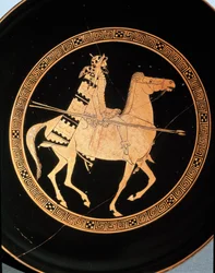 Etruskisk oldtid: detalje af en kylix med en rytter. Fra Falerii Veteres (Civita Castellana), 5. århundrede f.Kr. Rom, Museo Nazionale di Villa Giulia