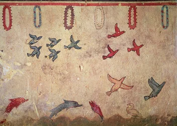 Vandfugle og springende delfiner, fra jagt- og fiskegraven, ca.520-10 f.Kr. (vægmaleri)