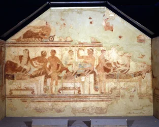Banket scene. Fresko på væggen af den etruskiske grav kaldet "" bådens grav"" (della skib). Tarquinia 470-400 f.Kr