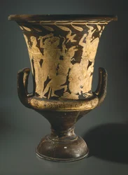 Calyx-krater (stor vase). Rød-figur keramik fra Perugia (Umbria). Etruskisk civilisation, 4. århundrede f.Kr.